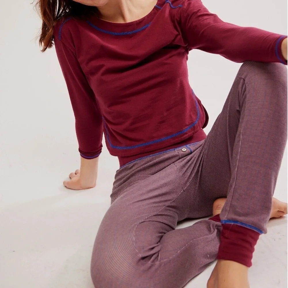 Free People Wild Ginger with Blue Trim Pajama Set Size Large Host Pick
